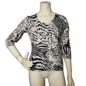 New York & Company Sweater Womens Medium Black Zebra Print Cardigan 3/4 Sleeve
